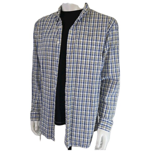 LL Bean Seersucker Textured Shirt Blue Yellow Plaid Button Down Men's LT - Picture 3 of 13